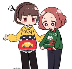  2girls :o black_pants blue_pants blunt_bangs braid brown_eyes brown_hair closed_mouth collared_shirt commentary_request cowboy_shot crown_braid do_m_kaeru flat_color long_sleeves looking_at_another multicolored_clothes multicolored_sweater multiple_girls niijima_makoto okumura_haru open_mouth outstretched_arms pants persona persona_5 red_shirt shirt short_hair simple_background squiggle sweater twitter_username ugly_sweater white_background white_shirt wing_collar 