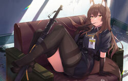  animal_ear_fluff animal_ears arknights between_feet black_gloves black_pantyhose black_thighhighs blacksteel_worldwide_(arknights) brown_eyes brown_hair couch feet female fine_fabric_emphasis fox_ears fox_girl fox_tail franka_(arknights) gloves highres holding holding_weapon holding_with_feet id_card legs long_hair looking_at_viewer no_shoes pantyhose sitting sword tail thighhighs toes weapon zayur 