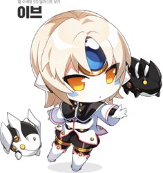  buttons chibi drone elsword eve_(elsword) expressionless facial_mark female forehead_jewel full_body grey_hair long_sleeves mechanical_ears moby_(elsword) official_art remy_(elsword) simple_background source_request transparent_background yellow_eyes 