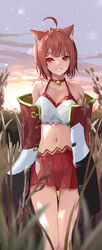  ahoge animal_ear_fluff animal_ears bare_shoulders bell blurry blurry_background blurry_foreground choker commentary crop_top female grin highres looking_at_viewer navel neck_bell nijisanji open_clothes r1n54234459 ratna_petit ratna_petit_(2nd_costume) red_choker red_eyes red_hair red_panda_ears red_panda_girl red_skirt short_hair skirt smile solo virtual_youtuber 