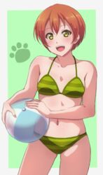  :d ball beachball bikini collarbone commentary_request cowboy_shot female flat_chest green_background green_bikini green_eyes halterneck holding holding_ball holding_beachball hoshizora_rin looking_at_viewer love_live! love_live!_school_idol_project navel open_mouth paw_print short_hair smile solo striped_bikini striped_clothes swimsuit turkey_min 