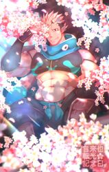  1boy abs bara bare_shoulders black_hair blonde_hair blue_scarf blush bulge crow_(siranui) flower highres horns jiraiya_(housamo) large_pectorals looking_at_viewer male_focus midriff multicolored_hair muscular muscular_male oni pectorals pink_flower pointy_ears scarf short_hair sideburns sitting skin-covered_horns smile solo stomach tokyo_afterschool_summoners two-tone_hair undercut vambraces 