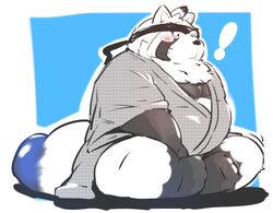  2022 anthro belly big_belly blush canid canine clothed clothing exclamation_point kemono kumazawow lifewonders live_a_hero male mammal overweight overweight_male raccoon_dog shoen sitting solo tanuki torausimuma7 