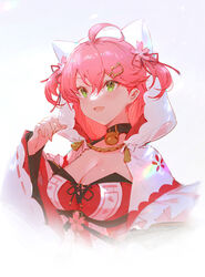  ahoge animal_hood blush breasts capelet cat_hair_ornament cleavage female flower green_eyes hair_between_eyes hair_flower hair_ornament hair_ribbon hololive hood hood_up hooded_capelet large_breasts long_hair long_sleeves official_alternate_costume open_mouth pink_flower pink_hair red_ribbon ribbon sakura_miko sakura_miko_(work) solo two_side_up upper_body vienri virtual_youtuber white_capelet wide_sleeves 