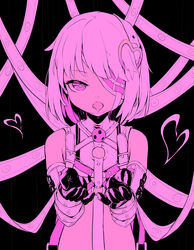  absurdres ball_gag bare_shoulders black_background black_gloves bondage_outfit colored_inner_hair dohna_dohna_issho_ni_warui_koto_o_shiyou eyepatch female gag gloves hair_ornament heart heart_hair_ornament highres iyasu_shikaku looking_at_viewer monochrome multicolored_hair multiple_straps open_mouth pink_eyes pink_theme porno_(dohna_dohna) revealing_clothes saliva short_hair solo strap two-tone_hair upper_body wiffle_gag 