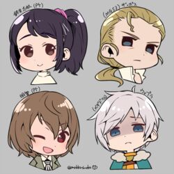  2boys 2girls ;d akechi_gorou black_hair blonde_hair blue_eyes brown_eyes brown_hair character_name chibi closed_mouth commentary_request copyright_name cropped_shoulders do_m_kaeru grey_background grey_hair low_ponytail megido72 metal_gear_(series) metal_gear_solid_3:_snake_eater multiple_boys multiple_girls one_eye_closed open_mouth persona persona_5 ponytail portrait serious shaded_face simple_background smile suzui_shiho the_boss twitter_username vapula_(megido72) 