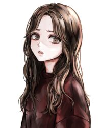  :o black_hair brown_shirt commentary_request female grey_eyes highres long_hair looking_at_viewer original partial_commentary shirt simple_background solo upper_body uzura_(piroro-foo) white_background 