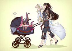  2girls anklet autumn-sacura azura_(fire_emblem) baby_carrier barefoot black_hair blonde_hair corrin_(female)_(fire_emblem) corrin_(fire_emblem) couple eldritch_abomination fire_emblem fire_emblem_fates fire_emblem_heroes flower headdress high_heels highres jewelry monster multiple_girls parted_lips pointy_ears rhajat_(fire_emblem) smile stroller tentacle yuri 