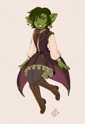  bard blenafee_(keroro623) boots clothed clothing cute_fangs ear_piercing femboy footwear fully_clothed goblin green_body hi_res humanoid long_coat male osato-kun piercing puffy_sleeves ruffled_skirt solo 