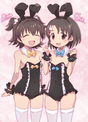  2girls 4040_(abonriya) akagi_miria animal_ears black_hair black_leotard blue_neckwear bow bowtie brown_eyes character_name closed_eyes commentary_request cowboy_shot detached_collar fake_animal_ears flat_chest frilled_leotard frills hair_ornament highres idolmaster idolmaster_cinderella_girls leotard multiple_girls pink_background playboy_bunny rabbit_ears sasaki_chie short_hair standing two_side_up white_legwear wrist_cuffs yellow_bow yellow_bowtie 