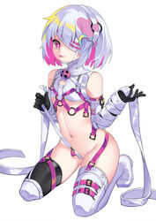  :p absurdres asymmetrical_legwear ball_gag bare_shoulders black_gloves bondage_outfit boots colored_inner_hair crotch_strap dohna_dohna_issho_ni_warui_koto_o_shiyou elbow_gloves eyepatch female flat_chest full_body gag gloves hair_ornament heart heart_hair_ornament highres kneeling lock looking_at_viewer mismatched_legwear multicolored_hair multiple_straps navel padlock pink_eyes pink_hair porno_(dohna_dohna) revealing_clothes shio_(shiofeifei) short_hair simple_background solo strap thigh_boots tongue tongue_out two-tone_hair white_background white_hair wiffle_gag 