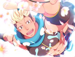  1boy abs backlighting bara bare_shoulders black_hair blonde_hair blue_scarf blush crow_(siranui) falling fangs flower foreshortening highres horns jiraiya_(housamo) looking_at_viewer male_focus midriff multicolored_hair muscular muscular_male oni pectorals petals pink_flower pointy_ears scarf short_hair sideburns skin-covered_horns smile solo stomach tokyo_afterschool_summoners two-tone_hair undercut 