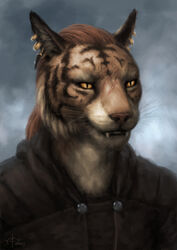  2021 ambiguous_gender anthro digital_media_(artwork) ear_piercing ear_ring felid fur hair headshot_portrait irbeus khajiit mammal microsoft piercing portrait ring_piercing smile solo the_elder_scrolls whiskers 