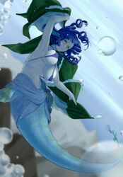  absurdres air_bubble alternate_skin_color bikini blue_hair breasts bubble female green_eyes green_kimono hi_you_(flying_bear) highres in_water japanese_clothes kimono large_breasts long_hair mermaid monster_girl navel solo swimsuit touhou underwater unworn_clothes wakasagihime 