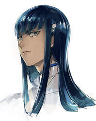  black_hair blunt_bangs closed_mouth commentary_request eyelashes female hair_ornament high_collar junketsu kamizawa_(sark) kamui_(kill_la_kill) kill_la_kill kiryuuin_satsuki long_hair looking_at_viewer looking_to_the_side portrait sidelocks simple_background white_background 