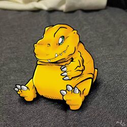  1:1 agumon anthro bandai_namco belly claws digimon digimon_(species) draw_over furniture green_eyes hi_res humor male meme overweight overweight_male sitting sitting_baby_alligator_meme sofa solo tp46750514 yellow_body 