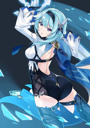  absurdres arm_up ass back backless_outfit blue_hair breasts cape eula_(genshin_impact) female from_behind genshin_impact gloves hair_ornament half-closed_eyes highres long_sleeves open_mouth ragnaveldt solo thigh_strap thighhighs 