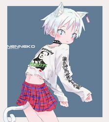  :3 absurdres animal_ears bad_id bad_twitter_id blue_background blue_eyes blue_hair blue_skirt blush border cat_ears cat_tail character_print closed_mouth clothes_writing collar communist_flag cowboy_shot earclip female gishiki_(gshk) highres leaning_forward long_sleeves looking_at_viewer looking_back mao_zedong multicolored_clothes multicolored_skirt original paw_pose plaid plaid_skirt red_skirt shirt skirt smile solo spiked_collar spikes tail torn_clothes torn_shirt white_border white_shirt 