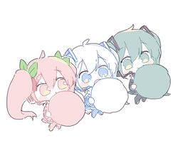  3girls aqua_eyes aqua_hair bare_shoulders black_legwear black_skirt black_sleeves blue_eyes blue_legwear blue_skirt blue_sleeves blush_stickers cherry_hair_ornament chibi color_coordination commentary cs_voca dango detached_sleeves food food-themed_hair_ornament hair_ornament hatsune_miku headphones headset holding holding_food long_hair lowres mini_person minigirl multiple_girls multiple_persona open_mouth pink_eyes pink_hair pink_legwear pink_skirt pink_sleeves pleated_skirt sakura_miku sanshoku_dango scarf skirt smile twintails vocaloid wagashi white_background white_hair white_scarf yuki_miku yuki_miku_(2011) 