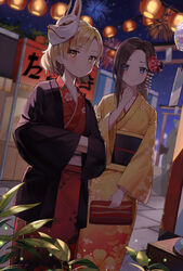  2girls :| aerial_fireworks backlighting bang_dream! black_hair blue_eyes blush clenched_hand closed_mouth commentary_request earrings festival fireworks floral_print flower food_stand fox_mask hair_flower hair_ornament hands_in_opposite_sleeves holding japanese_clothes jewelry kanoko_(pattern) kanzashi kimono kongya lantern long_sleeves looking_at_viewer mask mask_on_head multiple_girls night no_bangs obi outdoors paper_lantern parted_bangs parted_hair raise_a_suilen red_kimono sash sato_masuki seigaiha smile standing wakana_rei wide_sleeves yellow_eyes yellow_kimono yukata 