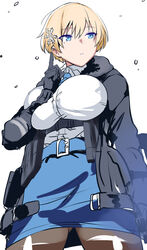  bangs banned_artist belko black_gloves black_jacket black_legwear blonde_hair blue_neckwear blue_skirt breasts eyebrows_visible_through_hair female from_below fur_collar girls_frontline gloves hair_ornament highres huge_breasts jacket mole mole_under_eye necktie pantyhose short_hair simple_background skirt snowflake_hair_ornament solo vsk-94_(girls_frontline) white_background 