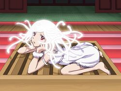  ass babydoll barefoot blush box commentary_request donation_box female glowing glowing_hair living_hair long_hair monogatari_(series) otorimonogatari red_eyes sengoku_nadeko shelty snake snake_hair solo white_hair white_snake 