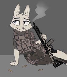  2019 anthro ar-15 arm_support assault_rifle biped blue_eyes canid canine clothed clothing disney eyebrows female flak_jacket fox full-length_portrait fully_clothed fur grey_background gun half-closed_eyes hi_res holding_gun holding_object holding_ranged_weapon holding_weapon josun mammal military military_uniform narrowed_eyes paws portrait ranged_weapon rifle simple_background sitting skye_(zootopia) smile smoke solo spent_casing text thick_thighs uniform weapon white_body white_fur zootopia 