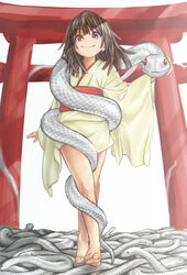  barefoot blush brown_hair commentary_request female hair_ornament itani_senka japanese_clothes kimono kimono_skirt kuchinawa living_hair monogatari_(series) red_eyes sengoku_nadeko short_hair snake torii 