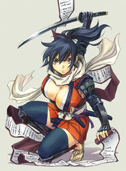  armor black_hair breasts detached_leggings female grey_eyes highres holding holding_scroll holding_sword holding_weapon huge_breasts japanese_armor japanese_clothes katana kimono konchiki kote kurokote long_hair looking_at_viewer manyuu_chifusa manyuu_hikenchou ninja obi ponytail red_kimono sandals sash scarf scroll short_kimono solo suneate sword weapon white_scarf zouri 