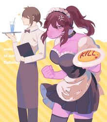  angry anthro bow_(feature) bow_in_front bow_tie breasts brown_hair choker cleavage clothed clothing cross-popping_vein deltarune duo english_text female femboy glass hair hair_over_eye heart_choker heart_jewelry heart_necklace heart_symbol hi_res holding_menu holding_object human humanoid iconography jewelry kris_(deltarune) maid_uniform male mammal menu necklace one_eye_obstructed pink_body potepotekosam reptile scalie service_menu serving serving_beverage serving_food sharp_teeth sparkles susie_(deltarune) teeth text tray undertale_(series) uniform vein waiter 