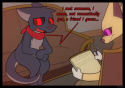  anthro dialogue duo english_text female ferro_(infinitydoom) fur grey_body grey_fur infinitydoom male mammal mostly_nude murid murine purple_eyes rat red_eyes rodent scarf scarf_only story story_in_description text therapist therapy yellow_body yellow_fur 