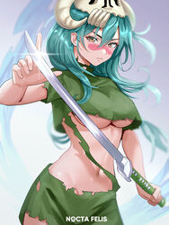  absurdres aqua_hair arrancar bleach breasts brown_eyes closed_mouth facial_mark female highres holding holding_sword holding_weapon hollow_(bleach) katana large_breasts long_hair looking_at_viewer mixed-language_commentary navel nelliel_tu_odelschwanck nocta_felis serious simple_background skull_on_head solo sword torn_clothes underboob weapon 