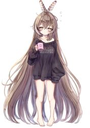  :d absurdly_long_hair ahoge bare_legs barefoot black_sweater brown_eyes brown_hair cup feather_hair_ornament feathers female hair_down hair_ornament hairclip highres holding holding_cup hololive hololive_english legs long_hair megts0331 mug multicolored_hair nanashi_mumei oversized_clothes sleepy sleeves_past_fingers sleeves_past_wrists smile streaked_hair sweater toes very_long_hair virtual_youtuber 