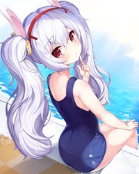  2drr animal_ears ass azur_lane bare_arms bare_shoulders blush closed_mouth commentary female from_behind hair_between_eyes hair_ornament hairband hand_up highres index_finger_raised laffey_(azur_lane) long_hair looking_at_viewer looking_back old_school_swimsuit pool poolside rabbit_ears red_eyes red_hairband school_swimsuit sidelocks sitting soaking_feet solo swimsuit twintails very_long_hair water white_hair 