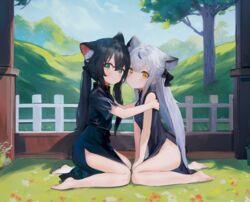  2girls animal_ear_fluff animal_ears bad_id bad_pixiv_id barefoot black_dress black_hair blue_archive blush brown_eyes china_dress chinese_clothes cloud dress face-to-face feet from_side green_eyes grey_hair hands_on_another&#039;s_shoulders highres kneeling kokona_(blue_archive) long_hair looking_at_viewer md5_mismatch multiple_girls outdoors resolution_mismatch short_sleeves shun_(blue_archive) shun_(small)_(blue_archive) siblings side_slit sisters sleeveless sleeveless_dress sly source_smaller tail thighs tiger_ears tiger_girl tiger_tail toes tree twintails very_long_hair wangyq 