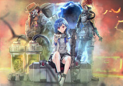  2boys 54cr apex_legends black_eyes black_skirt blue_hair brown_hair caustic_(apex_legends) chinese_commentary commentary cosplay cpt_(crazy_raccoon) crazy_raccoon death_box_(apex_legends) depths_of_the_void_wraith dolphin_hair_ornament female gas_mask grey_hoodie gun hair_ornament hat highres holding holding_gun holding_mask holding_weapon hood hoodie interlacing killing_joke_caustic long_sleeves mask multiple_boys nijisanji nishizono_chigusa nishizono_chigusa_(1st_costume) official_alternate_costume open_clothes open_hoodie pleated_skirt rebreather red_eyes red_hair revenant_(apex_legends) school_uniform selene_girls_school_uniform short_hair sitting skirt smile virtual_youtuber weapon wraith_(apex_legends) wraith_(apex_legends)_(cosplay) 