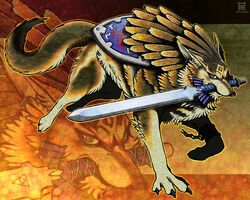  2012 amada blue_eyes canid canine canis claws digitigrade feral fur hylian_shield male mammal master_sword melee_weapon nintendo quadruped shield signature solo sword sword_in_mouth tail the_legend_of_zelda triforce weapon wolf wolf_link 