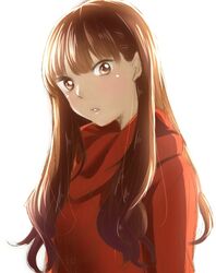  blush brown_eyes brown_hair female imai_asami long_hair looking_at_viewer morihaw parted_lips real_life red_sweater ribbed_sweater simple_background solo sweater upper_body white_background 