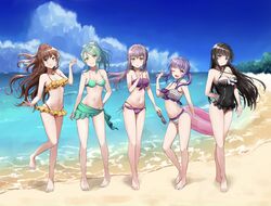  5girls :q ;d absurdres aqua_hair arm_behind_back bang_dream! barefoot beach bikini bikini_skirt black_one-piece_swimsuit breasts brown_hair cleavage clenched_hand commentary_request covered_navel day frilled_bikini frilled_one-piece_swimsuit frills front-tie_bikini_top front-tie_top green_bikini green_eyes green_scrunchie hair_ornament hair_ribbon hair_scrunchie hair_up half_updo halterneck hand_up highres hikawa_sayo holding holding_removed_eyewear holding_swim_ring imai_lisa index_finger_raised innertube long_hair medium_breasts mia_(fai1510) minato_yukina multiple_girls navel o-ring o-ring_bikini ocean one-piece_swimsuit one_eye_closed open_mouth outdoors ponytail purple_bikini purple_eyes purple_hair red_eyes ribbon roselia_(bang_dream!) sand scrunchie shirokane_rinko sidelocks smile standing striped_bikini striped_clothes sunglasses swim_ring swimsuit tongue tongue_out twintails udagawa_ako unworn_eyewear white_ribbon yellow_bikini yellow_eyes 