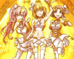  3girls :d armpits blonde_hair blue_eyes blurry blurry_background brown_hair bustier cagalli_yula_athha choker collarbone crop_top detached_sleeves frilled_sleeves frills grin groin gundam gundam_seed gundam_seed_destiny hair_intakes hair_ornament hat headset highres long_hair looking_at_viewer meer_campbell microphone midriff mini_hat miniskirt miriallia_haw morihaw multiple_girls navel open_mouth pink_hair pleated_skirt purple_eyes short_hair short_shorts short_sleeves shorts side_ponytail skirt smile stage standing standing_on_one_leg star_(symbol) star_choker star_hair_ornament stomach strapless thighhighs very_long_hair white_headwear white_legwear white_shorts white_skirt yellow_background yellow_choker yellow_eyes yellow_sleeves yellow_theme 