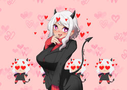  1girls absurd_res blush busty demon demon_girl demon_horns demon_tail heart-shaped_pupils helltaker horns modeus_(helltaker) oppaihobby straight_hair suit tagme white_hair wholesome 