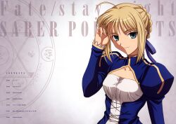  absurdres ahoge artoria_pendragon_(fate) blonde_hair blue_background blue_dress blue_ribbon blush braid braided_bun breasts character_name copyright_name dress fate/stay_night fate_(series) female green_eyes hair_bun hair_ribbon hand_in_own_hair highres ishihara_megumi juliet_sleeves long_sleeves looking_at_viewer magic_circle medium_breasts official_art puffy_sleeves ribbon saber_(fate) smile solo table_of_contents 