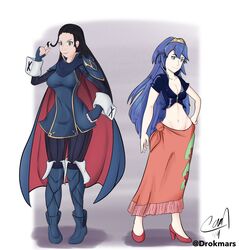  2girls alternate_costume black_hair blue_eyes blue_hair breasts cape cleavage clothing_swap cosplay costume_swap crossover drokmars female female_only fire_emblem fire_emblem_awakening green_eyes highres jewelry looking_at_viewer lucina_(fire_emblem) lucina_(fire_emblem)_(cosplay) medium_breasts midriff multiple_girls navel nico_robin nico_robin_(cosplay) nintendo no_bra no_panties no_underwear one_piece sarong shirt tagme tiara unzipped zipper 