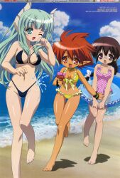  3girls absurdres barefoot beach bikini bow braid breasts brown_hair collar dark_skin falce feet fixed frilled_bikini frills glasses green_eyes green_hair hairbow hasegawa_suzuho highres horns innertube long_hair macademi_wasshoi magician&#039;s_academy magician_academy megami mizugi multiple_girls official_art open_mouth pointy_ears purple_eyes red_eyes red_hair short_hair splashing swimsuit tanarot water water_gun wink 