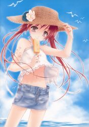  denim_skirt hat henna long_hair midriff ocean pettanko popsicle red_hair tagme unbuttoned 