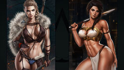  16:9 2girls abs ancient ancient_greece ancient_history assassin&#039;s_creed_(series) assassin&#039;s_creed_odyssey assassin&#039;s_creed_valhalla big_breasts blonde_hair blue_eyes bodypaint bow bra braided_hair braided_ponytail breasts brown_eyes brown_hair child_bearing_hips clothed clothing dandon_fuga dark-skinned_female dark_hair dark_skin eivor_varinsdottir european germanic goddess greece greek greek_clothes greek_female history holding_weapon kassandra light-skinned_female light_skin medieval nordic northern_european ponytail scar southern_european sword tattoo tattoos toned toned_female ubisoft underwear viking warrior weapon 