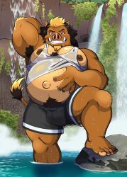  2026 absurd_res anthro belly_rub chinese_zodiac clothing domestic_pig ear_piercing ear_ring eyebrows feet hi_res low-angle_view male mammal navel nipples outie_navel overweight overweight_male piercing ring_piercing rock_e_rumble shirt shishibro shou_hakkai smile suid suine sumo sumo_wrestler sus_(pig) swimming_trunks swimwear tail tail_tuft tank_top toes topwear tuft waterfall wet wet_clothing wild_boar 