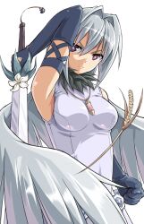  angel_wings bad_id bad_pixiv_id bare_shoulders black_gloves boko_(maniacpurple) breasts clenched_hand dress elbow_gloves engi_threepiece female flower fur_collar gloves grey_dress grey_hair grey_wings jewelry large_breasts looking_at_viewer pendant purple_eyes short_hair simple_background sleeveless sleeveless_dress solo sword symbol-shaped_pupils triangle-shaped_pupils upper_body weapon white_background white_hair wings yumekui_merry 