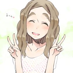  ^_^ blush brown_hair chibikko_(morihito) closed_eyes commentary_request double_v eyebrows facing_viewer female long_hair morihito original see-through smile solo v 