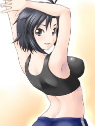  arms_up black_eyes black_hair blush breasts commentary_request female from_behind idolmaster idolmaster_(classic) kikuchi_makoto looking_back medium_breasts midriff short_hair smile solo sports_bra yaso_shigeru 